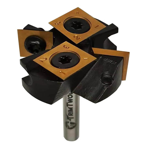Slab Surfacing Router Bit With One Quarter Inch Shank And One And A Half Inch Cutting Diameter Two Plus Two Flutes ATS Coated Carbide Inserts For Smooth Spoilboard Flattening Planing And Rabbeting CNC Ready Woodworking Bit For Beefy Heavy Duty Use