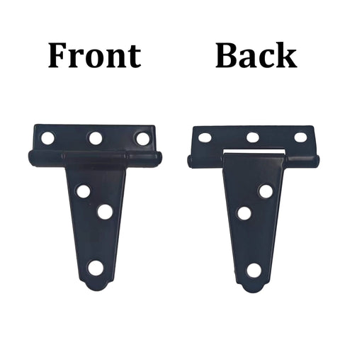 Front and back view of 6-Pack Heavy Duty 2 Inch T-Strap Hinges in Black Rustic Iron for outdoor sheds and gates, rustproof coating visible.