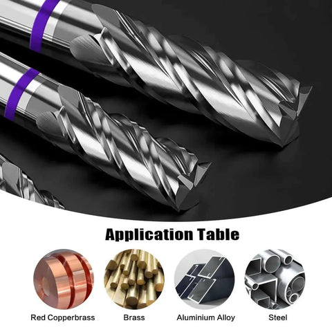 Premium Carbide Square End Mill Four Flute for CNC Router Bit Versatile for Aluminum Steel Brass Cutting, close-up view.