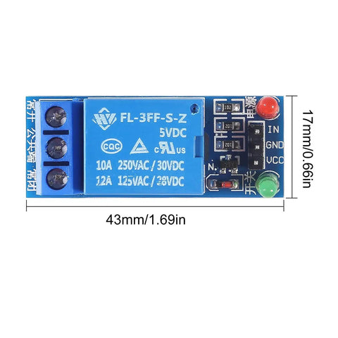 Five Volt One Channel Relay Module With Opto Isolation And High Low Level Trigger front view with dimensions