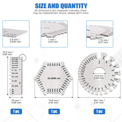 Pro Grade Welding Gauge Kit From Glarks 3 Pack Stainless Steel Wet Film Comb Wire Metal Sheet Thickness Gauges sizes and measurements.