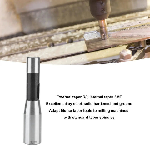 R8-to-MT3 adapter, hardened alloy steel with silver base and black upper, front view with milling spindle in use