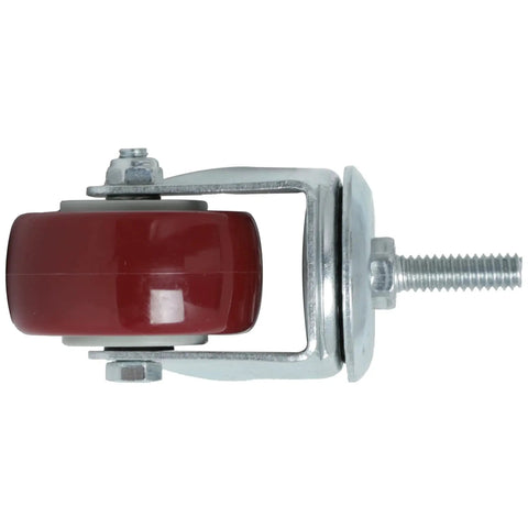 Side view of 2 Inch Swivel Caster Wheels 4 Pack with Threaded Stem Heavy PU 800 Lb. showing red wheel and steel housing.