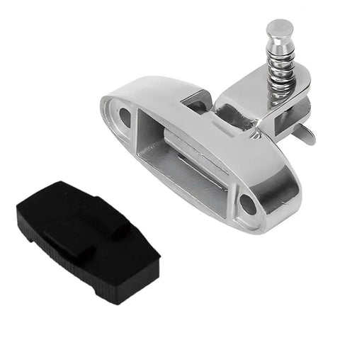 Front view of stainless steel Bimini top swivel deck hinge with removable pin and screws