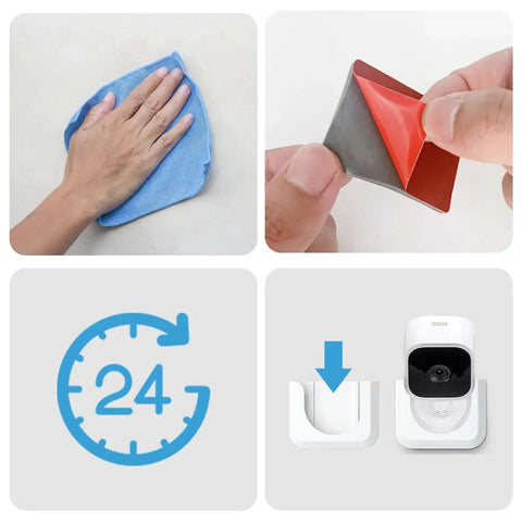 Installation steps showing preparation and adhesive strip for Adhesive Wall Mount Bracket For Blink Mini Indoor Camera No Drill No Screws.