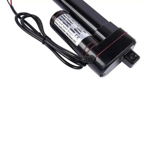 Close-up of 32 Inch 12V Linear Actuator with Beefy 440 Pound Load Capacity, 2000N, IP65 Waterproof, showing wiring and label detail.