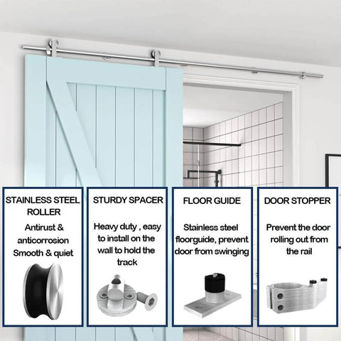 6.6Ft Top Mount Stainless Steel Barn Door Hardware Track Kit For 36 To 40 Inch Wide Single Door, installed on light blue door