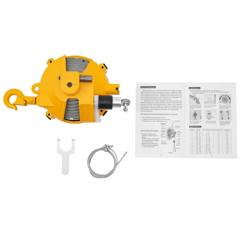 Retractable Spring Balancer for tools with adjustable tension 19.8 to 33.1 lbs, 1.5 meter wire, garage heavy duty use, shown with accessories