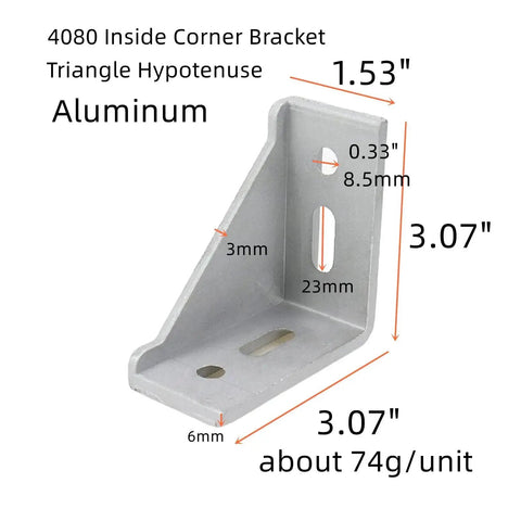 Four Pack 4080 Aluminum Extrusion Corner Brackets, Inside Triangle Connectors For 4080 Profiles, dimensions and measurements shown.