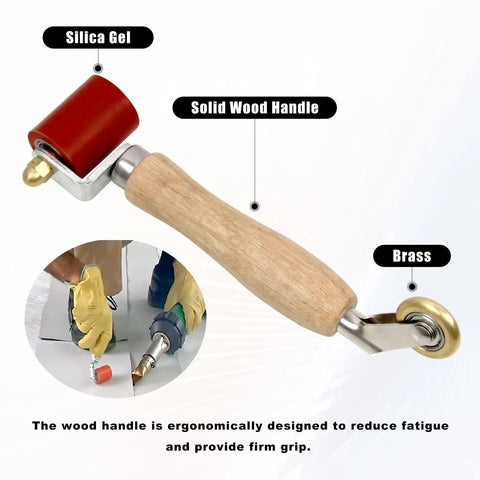 Tylulikaty dual-head seam roller with solid wood handle; red 40mm silicone roller and 6mm brass penny roller