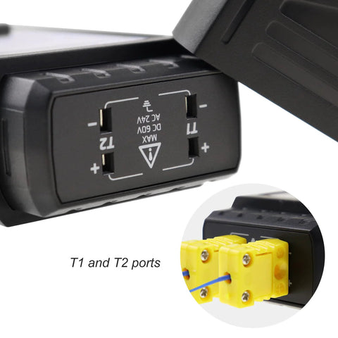 Dual-channel thermocouple thermometer with T1/T2 ports and yellow K-type terminal blocks