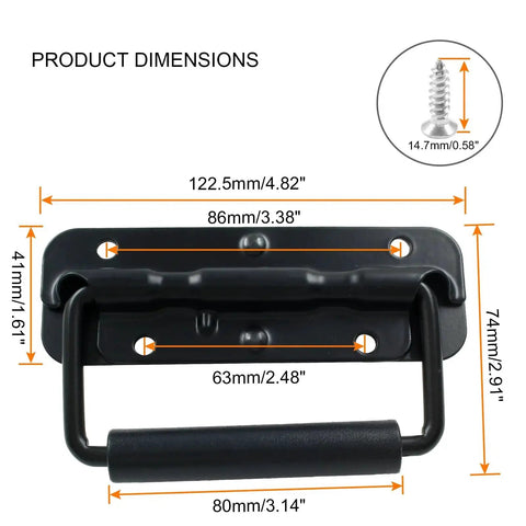 Dimensions of Two Piece Black Spring Loaded Case Handles With Rubber Grip, 304 Stainless Steel Surface Mount Chest Handles shown.