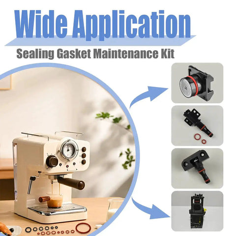60 Piece Silicone O Ring Kit For Espresso Machines With 15 Sizes Of Food Grade Seals shown with coffee maker components