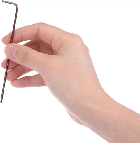 Hand holding Two Millimeter Ball End Hex Key Wrench Long Arm L Shape For Home Diy And Pro Grade Machine Repairing Durable S2 Steel.