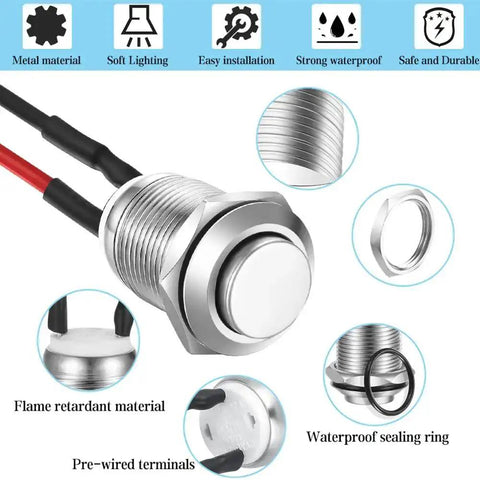 Three Pack 12mm Prewired High Head Waterproof Latching Push Button Switch Self Locking Stainless Steel On Off 2A 12V 24V 125V 250V AC