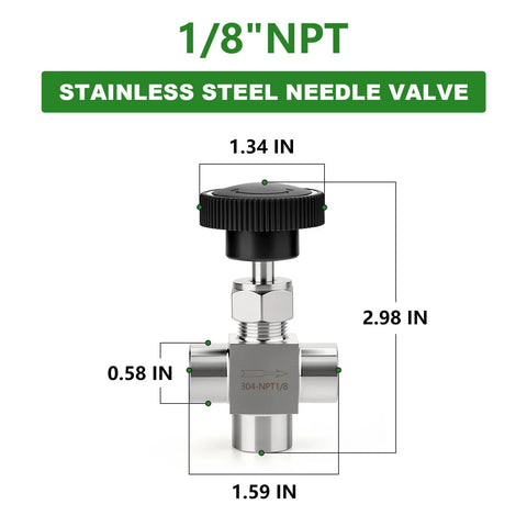 Stainless steel 3-way tee needle valve, 1/8 NPT, chrome finish with black knurled knob