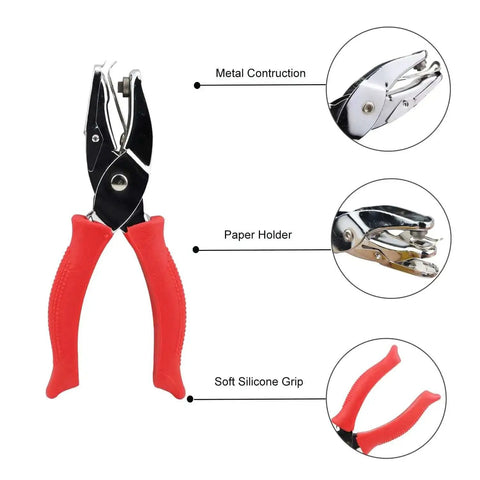 Square Hole Paper Punch 3 Sixteenth Inch Handheld Puncher with red soft grip, metal construction, and paper holder features.