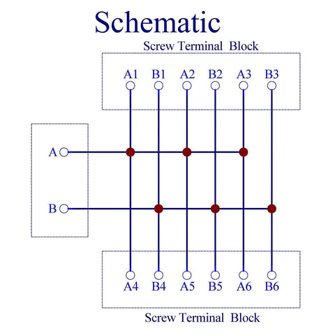 Schematic diagram of 30 Amp 48V 2 By 6 Position Screw Terminal Block Distribution Module with A and B blocks, 7.62mm pitch.