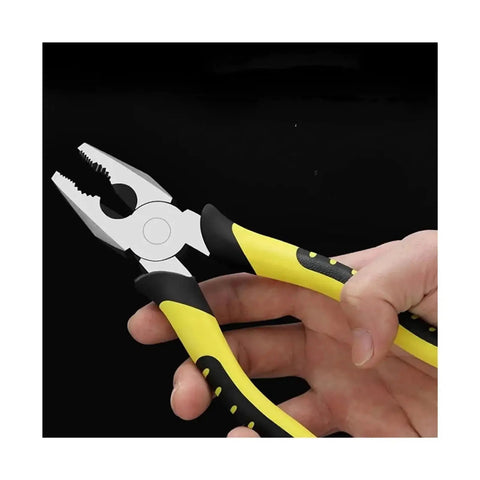 Hand holding 6 Inch Multi Function Pliers with Wire Cutter Diagonal Cutting Crimping, featuring yellow and black rubber grips.