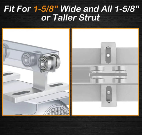 Close-up of 4 wheel trolley assembly for 1-5/8 inch Unistrut channel, galvanized steel, silent operation, industrial use, 2-pack