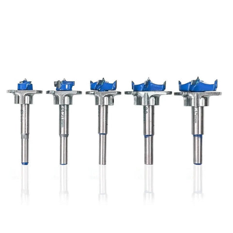 Set of five adjustable carbide drill bits for hinge holes, showcasing different sizes, with durable alloy construction and carbide tipped bits.