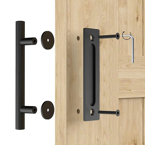 12 Inch Sliding Barn Door Handles Hardware With Flush Finger Pull, Double Sided Design, installed on wood door, close-up