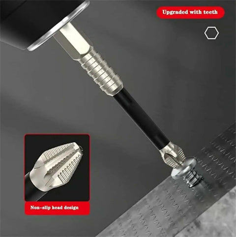 Close-up of Magnetic Screwdriver Drill Bit Set Pro Grade with Anti Slip Grip in use, aligning with a screw on a metal surface.