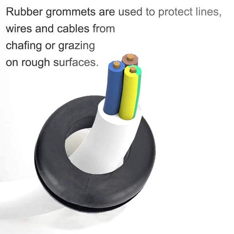 200 Piece Hollow Rubber Grommet Assortment Kit For Firewall Cable Holes 1/4 Inch To 1 Inch Grommets shown with cables