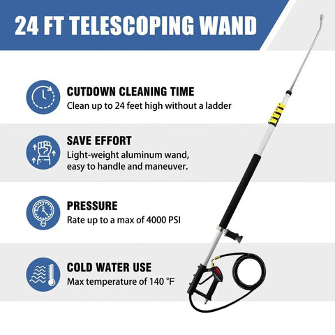 Telescoping Pressure Washer Wand With 24 Ft Reach No Ladder Needed Extension Wand Gutter Cleaner Attachment Five Spray Nozzle Tips