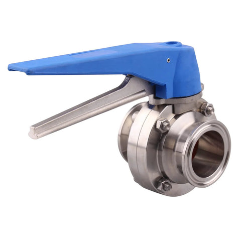 Butterfly valve with blue trigger handle, 304 stainless steel body, 1.5-inch tri-clamp ends.