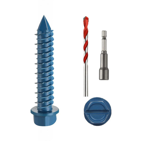 3/16 Inch By 1-1/4 Inch Hex Washer Head Concrete Screws Kit With Drill Bit And Hex Socket, 100 Pieces Blue Coated