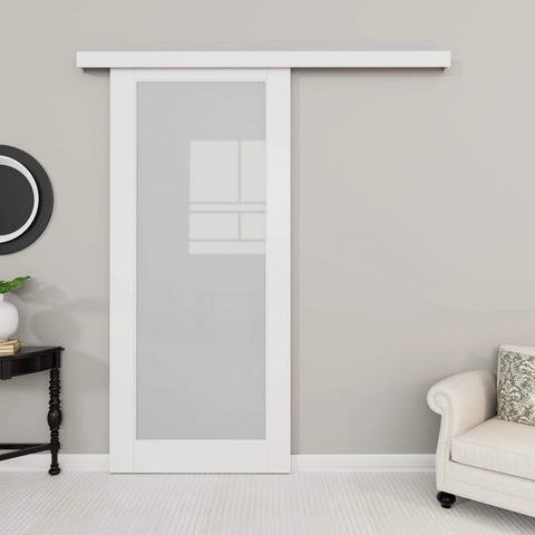 36 Inch By 80 Inch White Sliding Barn Door With Hardware Kit Full Lite Tempered Frosted Glass Solid Core Construction