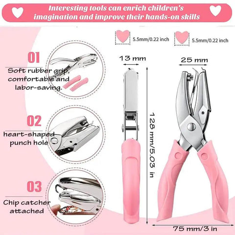 Heart Shaped Paper Punch Handheld Perforator For DIY Crafts And Scrapbooks Labels And Cards With Soft Grip Non Slip Handle, pink