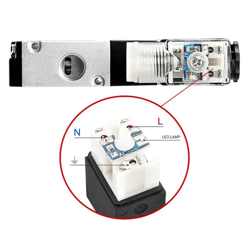 Close-up of Heavy Duty Electrical Pneumatic Solenoid Valve 3V210-08-NC 110V, showing LED lamp and internal structure