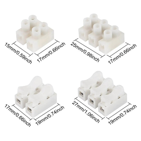 100 Piece Wire Connectors Kit With Plug And Play Quick Terminals For DIY Electronics And LED Strips, dimensions shown