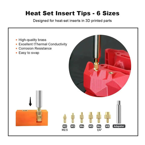 90W Digital Soldering Iron Kit with Heat Set Inserts and Extra Tips for 3D Printing, brass heat set insert tips shown