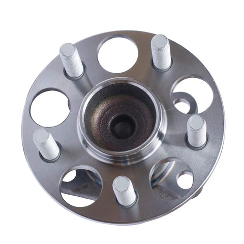 Top view of Pair Rear Wheel Bearing And Hub Assembly For 2010 To 2015 Prius Excluding Prius C And Prius V Models Plus 2012 To 2015 Prius Plug In 5 Lug With ABS OEM Approved And ISO Certified, showing metal circular hub with five studs.