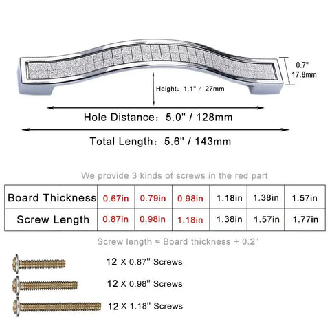 Detailed view of Bling Crystal Door And Drawer Pulls Knobs Set 6 Pack Modern European Style Square Rhinestone Handles dimensions and screws.