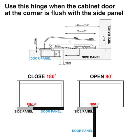 Diagram of 4 Pack Lazy Susan Cabinet Hinges 90 Degree Concealed Hydraulic For Corner Cabinets With Full Coverage And Adjustable Installation Easy Mount DTC 90 Degree Hinge JinBoCheng showing closed 180° and open 90° positions.