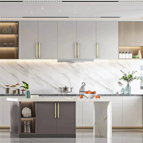 Modern kitchen with 10 Pack 7.5 Inch Brushed Brass Cabinet Pulls For Kitchen Cabinets And Cupboards Durable Brushed Gold Drawer Handles