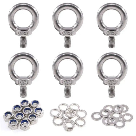304 Stainless Steel M8 Eye Bolts Beefy Lifting Ring Set With Lock Nuts Washers And Flat Washers Heavy Duty Shoulder Ring Bolts For Rigging Hoisting And Secure Load Connections in stainless steel, showing six eye bolts, nuts, and washers.