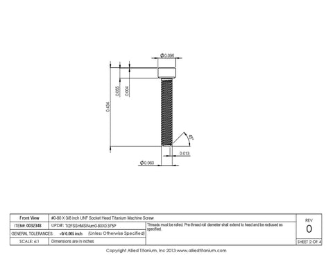 Technical drawing of Socket Head Titanium Machine Screw 0-80 UNF, 3/8 Inch, Grade 2 CP, dimensions and specifications shown.