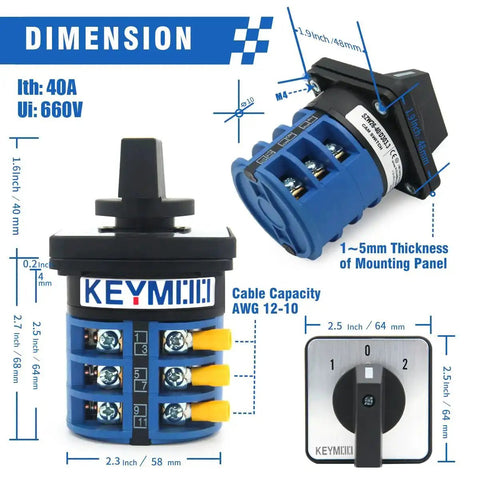 Dimensions and features of 40A 660V Rotary Changeover Switch 3 Position 3 Pole 12 Terminals Universal Selector, shown in blue.