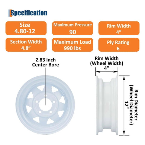 Beefed Up Heavy Duty Trailer Tire And Wheel Assembly Set Of 2 With 4.80-12 Bias Ply Tires Load Range C 6PR 12 Inch White Spoke Wheels 5 Lug 4.5 Inch PCD 990 Lb Max At 90 PSI Built For Utility Boat And Camper Trailers specification details