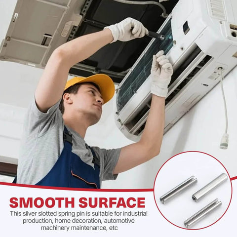 Person installing air conditioner with 50 Pcs Slotted Spring Pins 2.2mm By 8mm 304 Stainless Steel Dowel Fasteners.