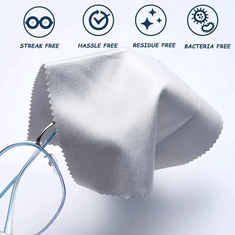 Microfiber Cleaning Cloths 6x7 Inches, 20 Pack in Vinyl Pouches for Glasses and Screens, shown wiping eyeglasses
