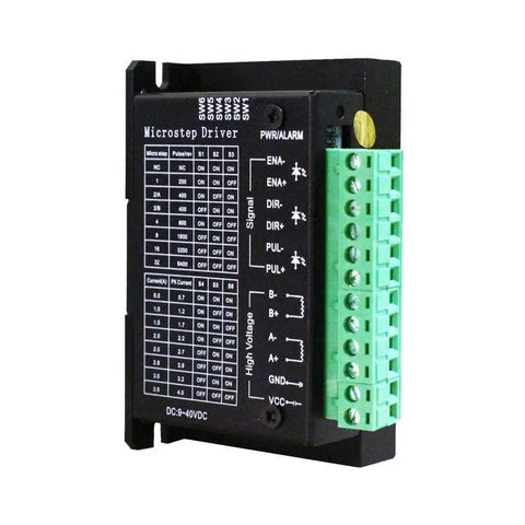 TB6600 Stepper Motor Driver 4A For 9 To 42V With 32 Subdivision showing green terminal block and microstep settings.