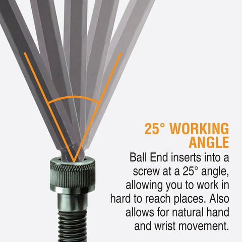 Close-up of balldriver tip demonstrating a 25° working angle for Set Of 10 Balldriver And Hex T Handles With Stand For 3/32 To 3/8 Inch.