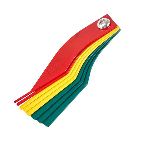 Brake Pad Thickness Gauge Tool Set Of 8 For Quick Brake Lining Check, arranged in a fanned stack, color coded red, yellow, and green.