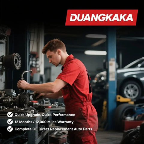 Mechanic working on a car in a garage, with Duangkaka branding and service features displayed.